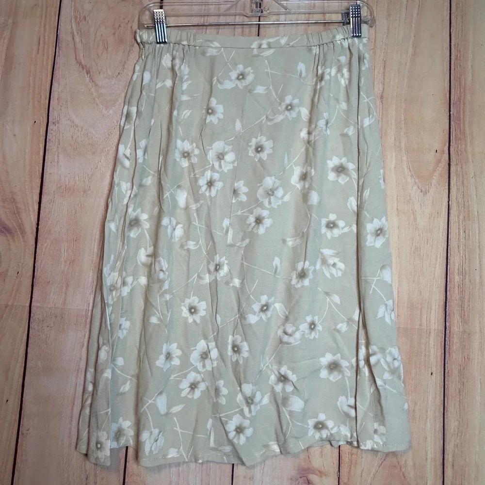 Worthington Midi Skirt‎ Womens 10 Tan Floral Rayon A-Line Cottagecore Vintage